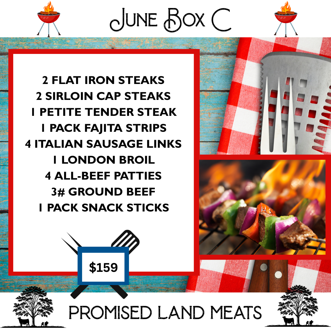 Our June BBQ features flat iron steak, sirloin steak, fajita strips, sausage links, london broil and all beef patties.
