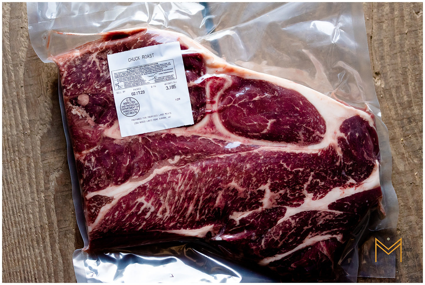 Farm-raised chuck roast, beautifully marbled and ready for slow cooking, perfect for crockpot meals or hearty dishes.