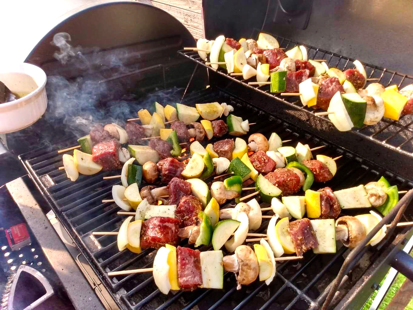 Grilled steak kabobs made with tender, farm-raised beef from our family farm, skewered with colorful vegetables, perfect for a fresh and flavorful meal.