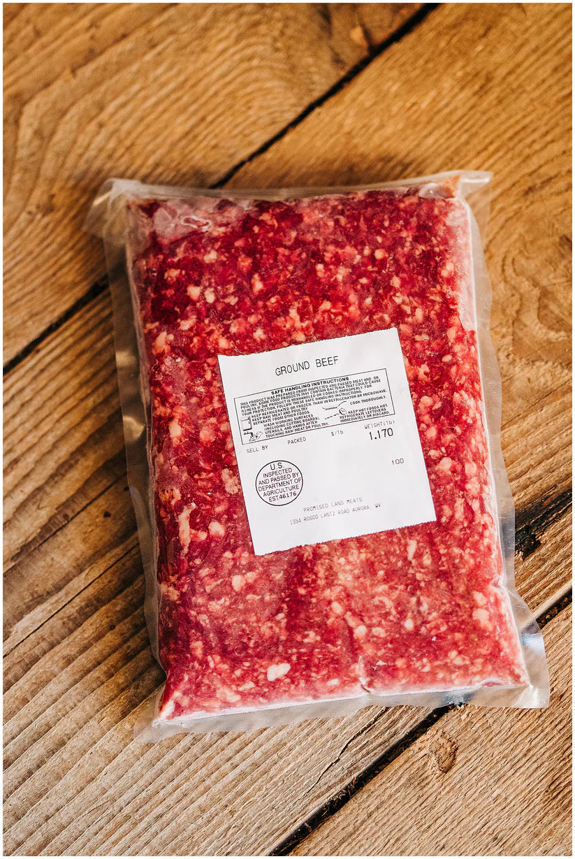 Package of Promised Land Meats 80/20 farm-raised ground beef from West Virginia.