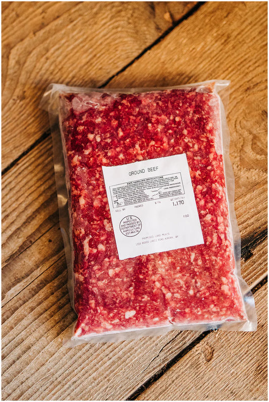 Package of Promised Land Meats 80/20 farm-raised ground beef from West Virginia.