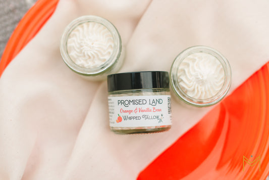 All-natural whipped tallow infused with vanilla bean + orange essential oil. Perfect for dry skin.
