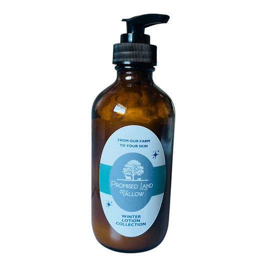 Winter tallow collection in amber pump jars featuring Sugar Cookie, Sweater Weather, and Cranberry Cider scents