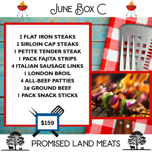 Our June BBQ features flat iron steak, sirloin steak, fajita strips, sausage links, london broil and all beef patties.