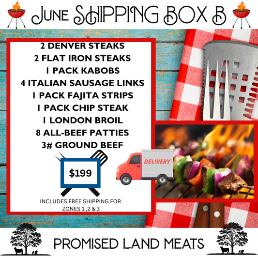 Enjoy a beef/pork box shipped right to your door featuring steaks, kabobs, sausage links, london broil and all-beef hamburger patties.