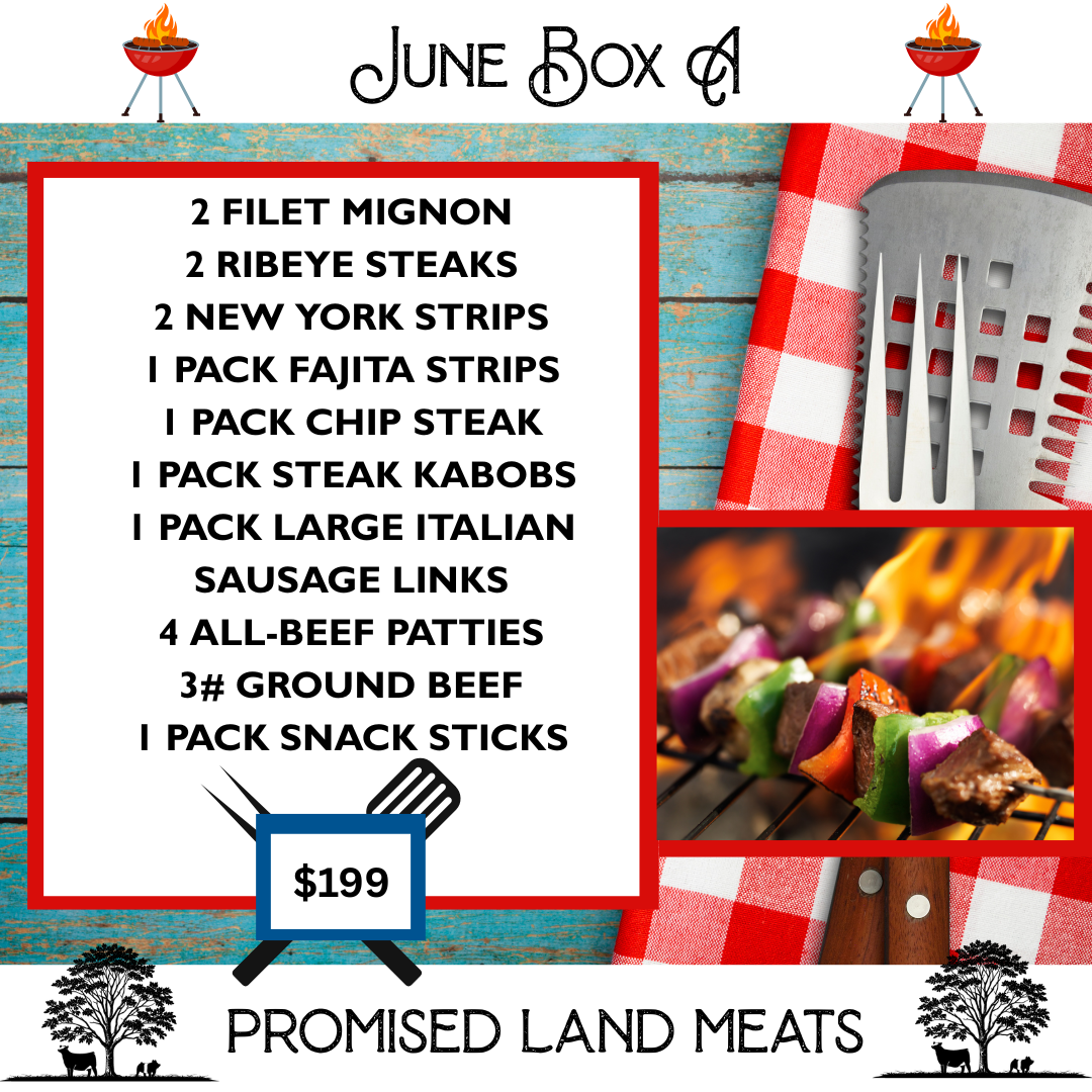 Premium steak box with filet mignon, ribeyes, new york strips, fajita strips, kabobs, chip steaks, italian sausage links, hamburger patties and ground beef.