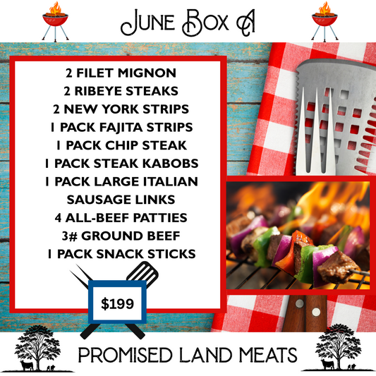 Premium steak box with filet mignon, ribeyes, new york strips, fajita strips, kabobs, chip steaks, italian sausage links, hamburger patties and ground beef.