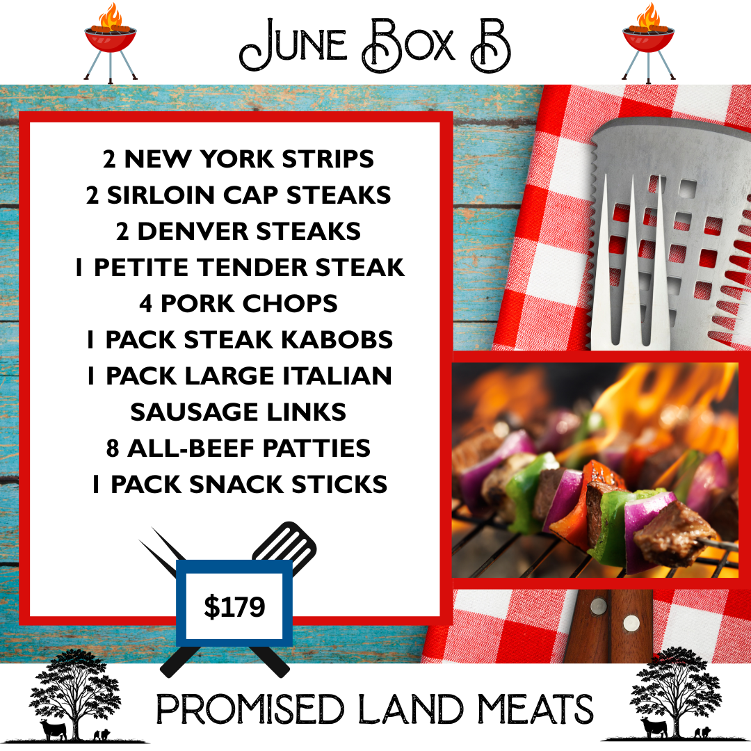 June premium beef box featuring steaks, pork chops, steak kabobs, italian sausage links and beef patties.