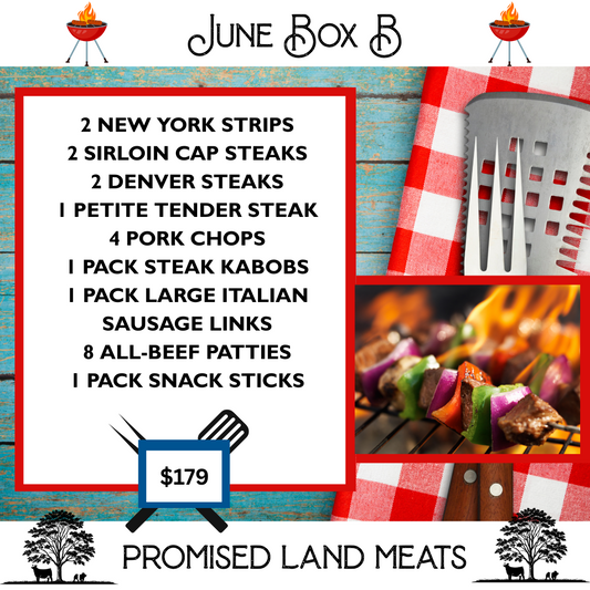 June premium beef box featuring steaks, pork chops, steak kabobs, italian sausage links and beef patties.