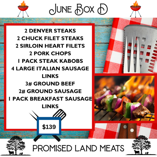 Beef and pork box with premium steak, pork chops, kabobs, sausage links, ground beef and all beef patties for the grill. 