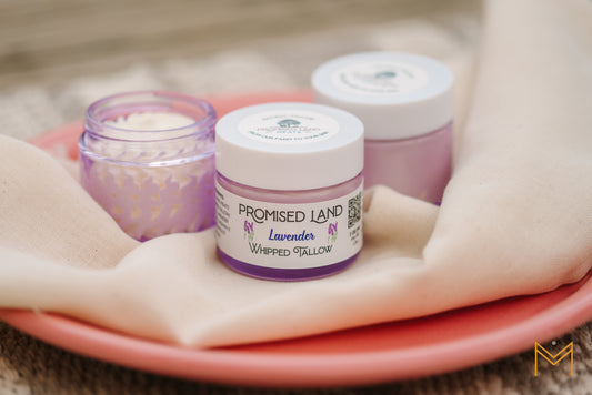 Our lavender scented whipped tallow in a light purple glass jar. Perfect for dry or sensitive skin.
