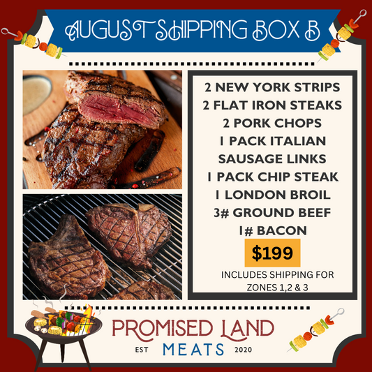 Promised Land Meats promotional graphic for a steak and meat package with pricing and product details.