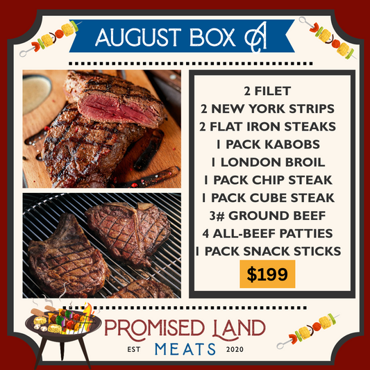 Promised Land Meats August Box promotional graphic with steak images and product list.