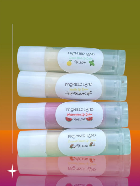 perfect for dry lips tallow lip balm available in lemon mint, vanilla, watermelon and coconut cream